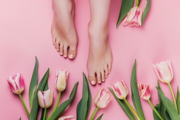Obraz na płótnie Canvas Serenity at a Spa Day: Female hands and feet with manicured nails beside white tulips and candles on pink background, depicting beauty and self-care rituals - AI generated
