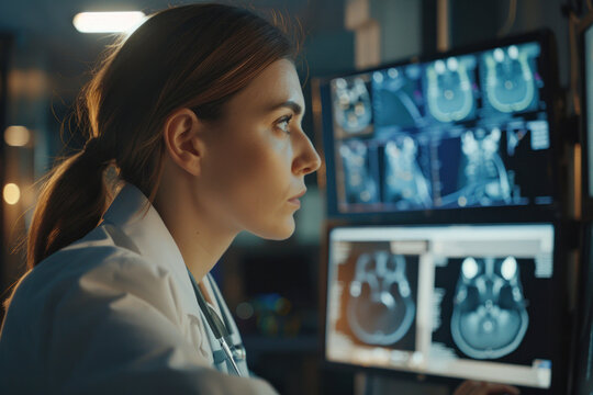 A focused female healthcare professional examines multiple MRI brain images on high-tech monitors in a dimly lit room, depicting medical diagnosis