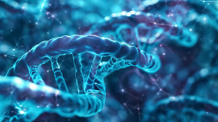 Glowing DNA helix in blue tones.