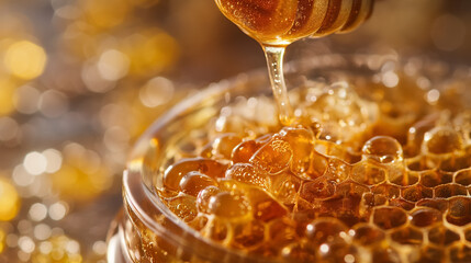 Honey dripping from dipper into jar. - obrazy, fototapety, plakaty