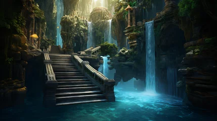 Fotobehang A magical waterfall cascading into a pool below. © Little