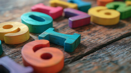 Colorful wooden numbers on a table.