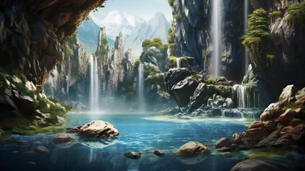 Gordijnen A majestic waterfall cascading down a rocky cliff into © Little