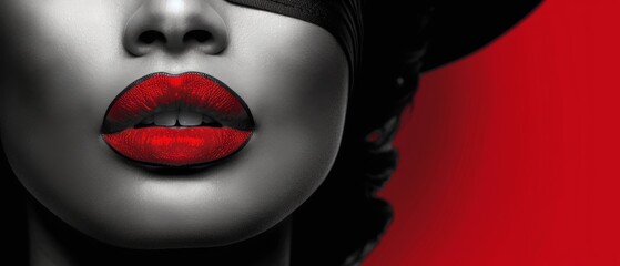  Close-up portrait of a female face wearing red lipstick and a black hat - obrazy, fototapety, plakaty