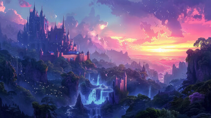 An imaginary castle perched atop a cliff overlooks a magical valley bathed in the warm light of a sunset.
