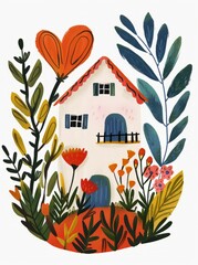 A painting depicting a house nestled amidst a vibrant array of flowers and plants in full bloom