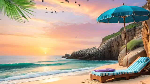 Chaise lounge with umbrella in the beach at sunset. Seamless looping time-lapse 4k video animation background