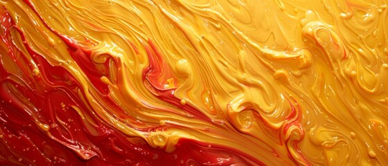  A red, yellow, and orange liquid with textured surface and water droplets in close-up