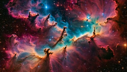Glowing huge nebula with young stars. Space background. Stars of a planet and galaxy - obrazy, fototapety, plakaty