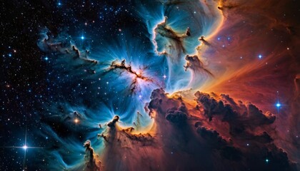 Glowing huge nebula with young stars. Space background. Stars of a planet and galaxy - obrazy, fototapety, plakaty