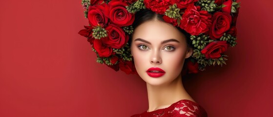  Woman in red dress, wreath of red roses, red lipstick