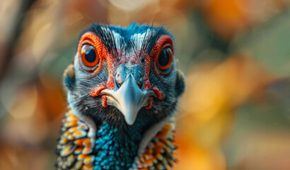 A bird with a red beak and red eyes. A close-up of the face of a guinea fowl looking at the camera. A bird in a natural environment. Illustration for cover, postcard, interior design, banner, brochure - obrazy, fototapety, plakaty
