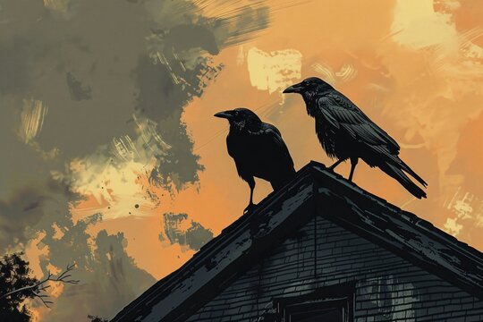 a couple of crows on a roof