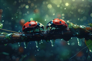 two ladybugs on a branch - Powered by Adobe
