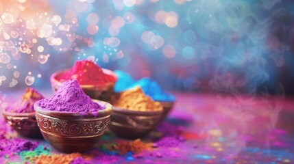 Hundi Vibrant Holi Festival Colors in Bowls with Magical Dust Clouds in Festive Atmosphere - AI generated