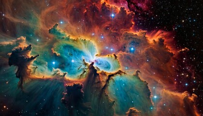 Glowing huge nebula with young stars. Space background. Stars of a planet and galaxy
