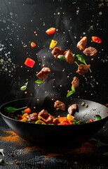 Stir fry vegetables cooking in wok, flying ingredients. Chinese recipes. Wok preparation ingredients