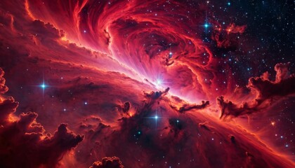 Majestic Cosmic Nebula with Vibrant Red Hues and Starry Backdrop