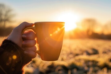 Peaceful morning scene of a person enjoying a cup of tea or coffee while watching the sunrise in nature