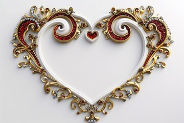 a heart shaped picture frame with red and gold decorations