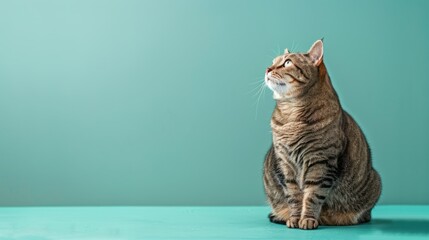 Overweight cat looking to side on green background.