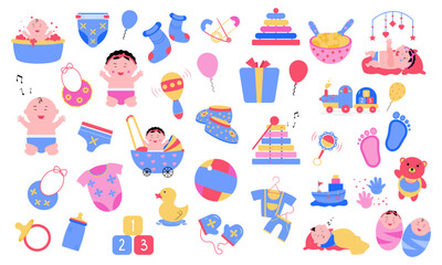 Baby shower flat minimalistic cute colorful set of icons and symbol. Vector illustration.