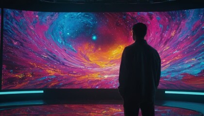 A silhouette of a man stands in awe before a vibrant, swirling cosmic vortex display, representing vastness and the beauty of space exploration - obrazy, fototapety, plakaty