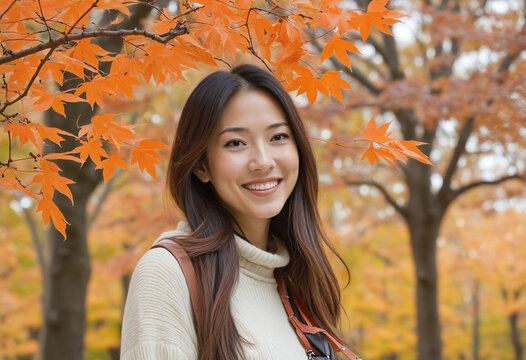 Autumn leaves and a smiling Japanese woman colourful background