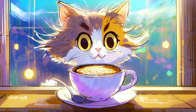 Cute cartoon cat with messed up morning hair and coffee