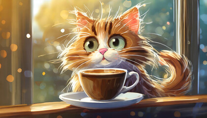 Cartoon cat waking up with messed up morning hair and coffee - obrazy, fototapety, plakaty