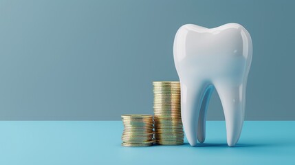 The Cost of Dental Health: Giant Molar Tooth Model on Stacks of Coins against Blue Background - AI generated - obrazy, fototapety, plakaty
