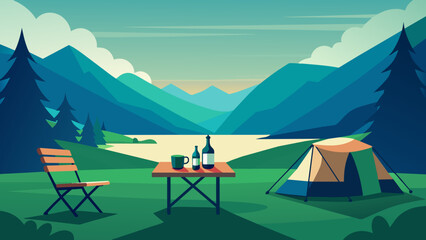 Spring Camping Pitching Tent on Lush Green Grass with Mountain Views