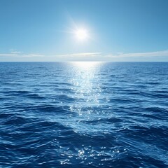 Blue ocean panorama with sun reflection, The vast open sea with clear sky.
