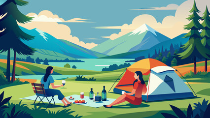 Obraz na płótnie Canvas Spring Camping Pitching Tent on Lush Green Grass with Mountain Views