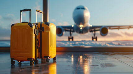 Travel suitcases at the airport, airplane taking off on the runway in the background for takeoff and landing. Travel and vacation concept