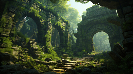 A mystical forest with ancient ruins and hidden treasure