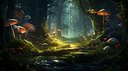 Tuinposter A mystical forest with ancient trees and glowing mushr © Little