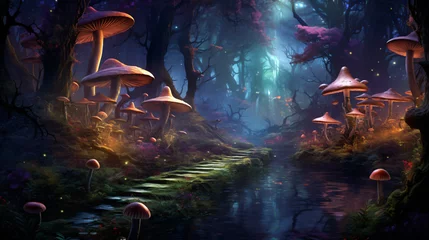 Muurstickers A mystical forest with ancient trees and glowing mushr © Little