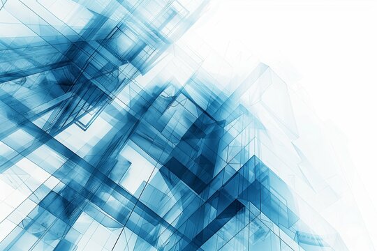 Architectural Elegance: Abstract Blue and White Background with Construction Theme, Double Exposure and Transparent Layers, Flat Lay Geometric Shapes in Digital Art Style