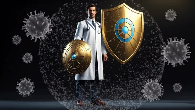 Doctor with double golden shield versus viruses. Seamless looping time-lapse 4k video animation background