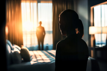Couple in conflict. Cheating and infidelity. Sad wife and husband. Woman and man arguing about trust problems, secret affair or jealousy. Unfaithful marriage in crisis. Vacation hotel or home bedroom.