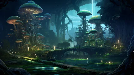 Tuinposter A mystical forest with glowing mushrooms and ancient r © Little