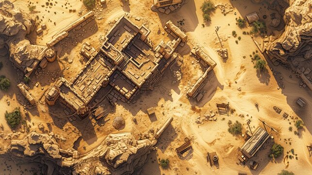 RPG battle desert map. Hobby roleplaying. AI generated. Fantasy battlefield illustration, cartography medieval town location