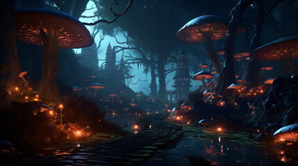 A mystical forest with glowing mushrooms and ancient