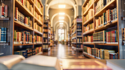 A serene library filled with the wisdom of ages, where vintage books and academic research converge in a quiet haven of knowledge - obrazy, fototapety, plakaty
