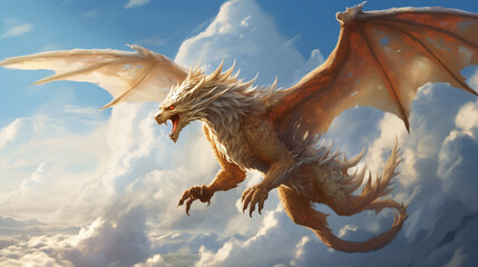 A mythical creature like a dragon or griffin soaring