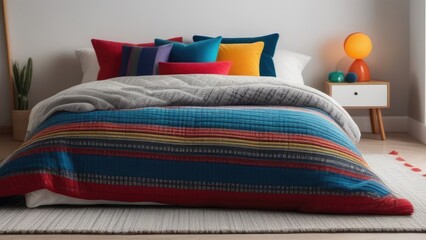 Colorful pillows on bed in room, closeup. Interior design. generative ai