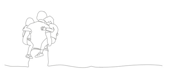 Fathers day icon in line art style. Fathers day symbol. Fathers day icon for background. Father with daughter and son in the garden.
