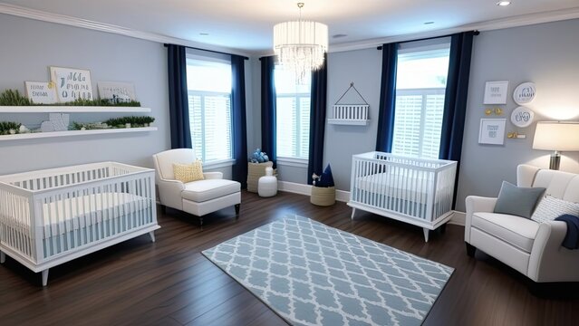 a baby room with a white armchair and a cradle. Interior of a modern children's room for a baby. generative ai