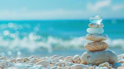 Sea glass zen stones arranged in a balance pyramid on the beach - obrazy, fototapety, plakaty